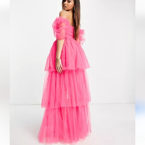 Lace & Beads off shoulder tulle maxi dress in bright pink - Picture 5 of 5